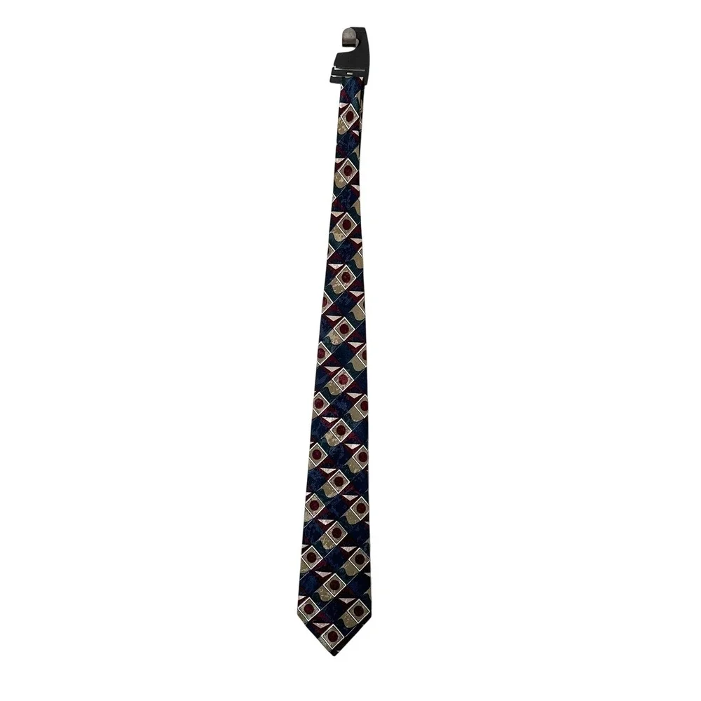 VTG 90s Duke Necktie Geometric Abstract‎ Navy Burgundy Gold USA Made Retro Tie